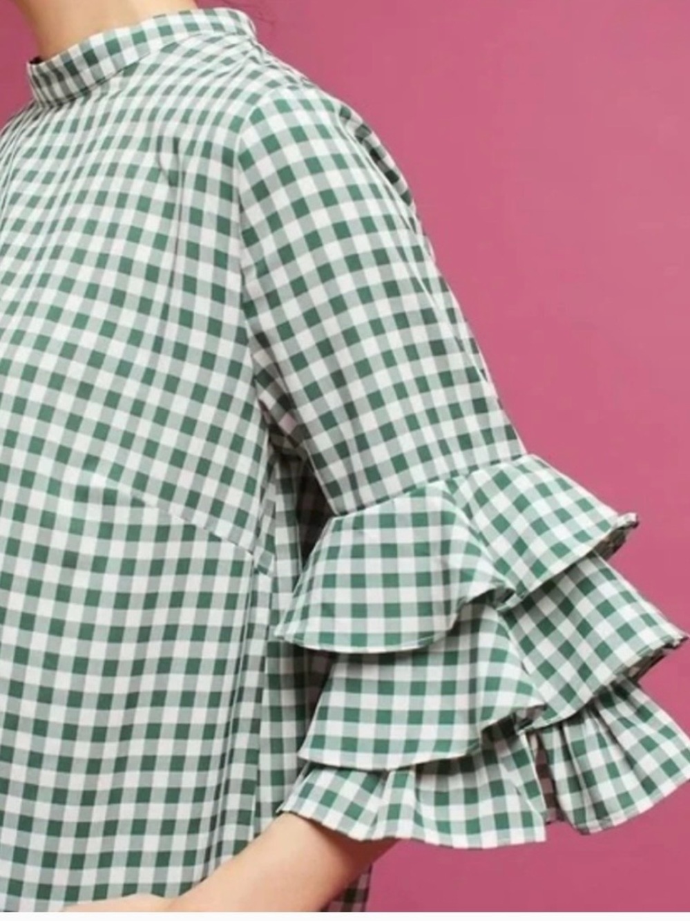 Anthropologie Sunday in Brooklyn Green Gingham Ruffle-Sleeve Blouse - Picture 3 of 6